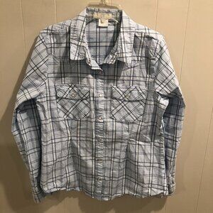 Women's Blue & White Plaid Pearl Snap Shirt, Size L